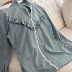 Elegant Long Sleeve Ruffled Top - Soft Blue